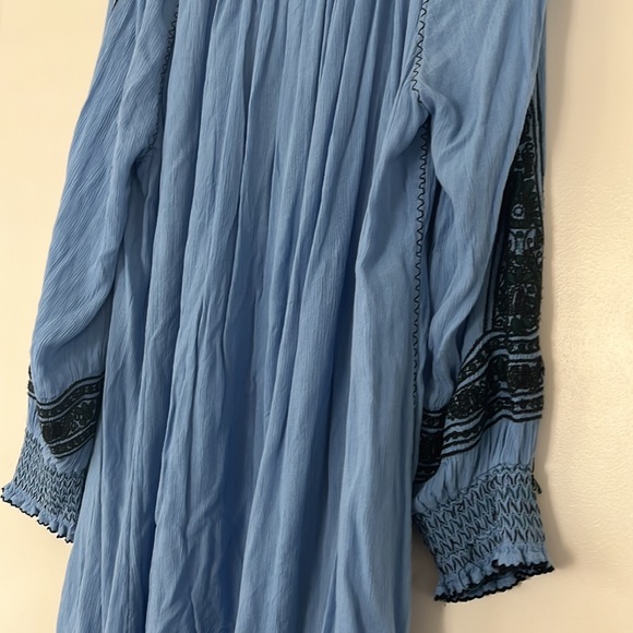 Free People Boho Dress Wind Willow LARGE Blue Stitched Embroidery Long Sleeve - Picture 10 of 11